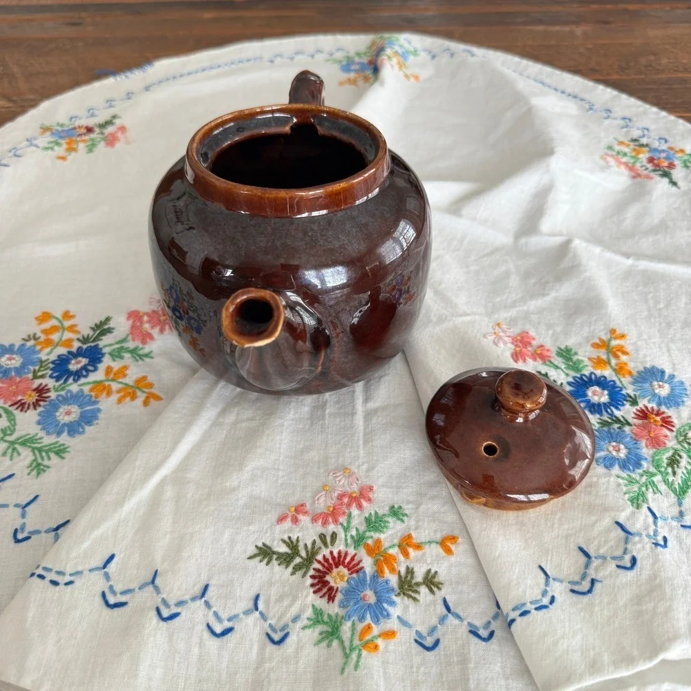 Vintage Brown Glazed Ceramic Teapot Rustic Stoneware Cottagecore Farmhouse Decor
